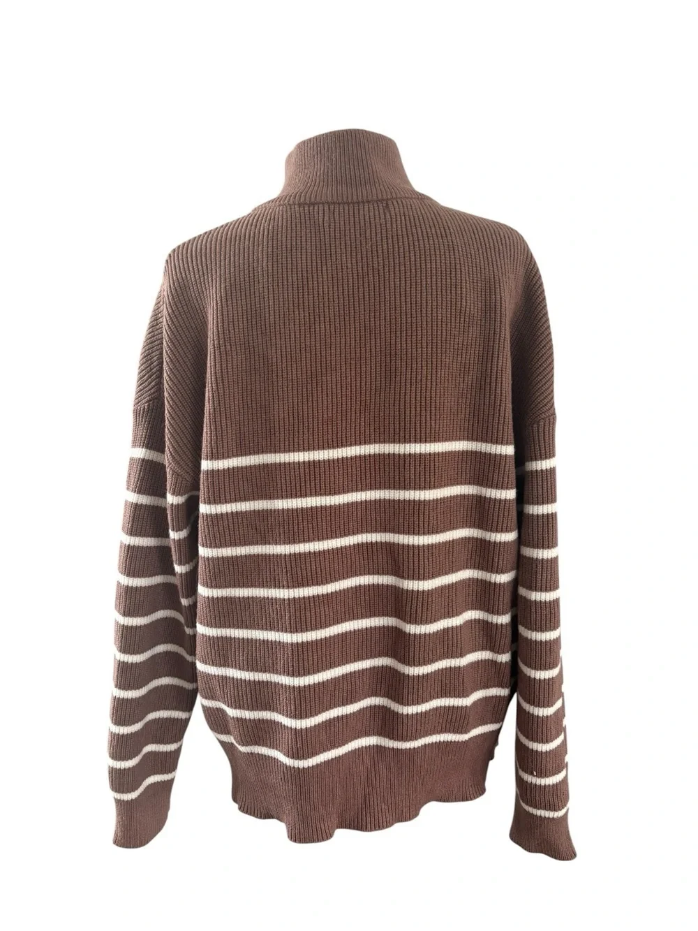 Striped Brown Half‑Zip Cowl Neck Sweater